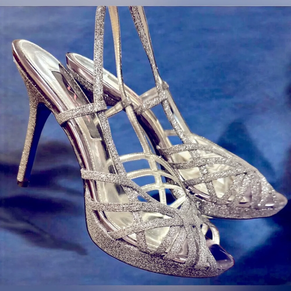 Nina New York Silver Stiletto Platform Slingback Heels Size 9 M‎